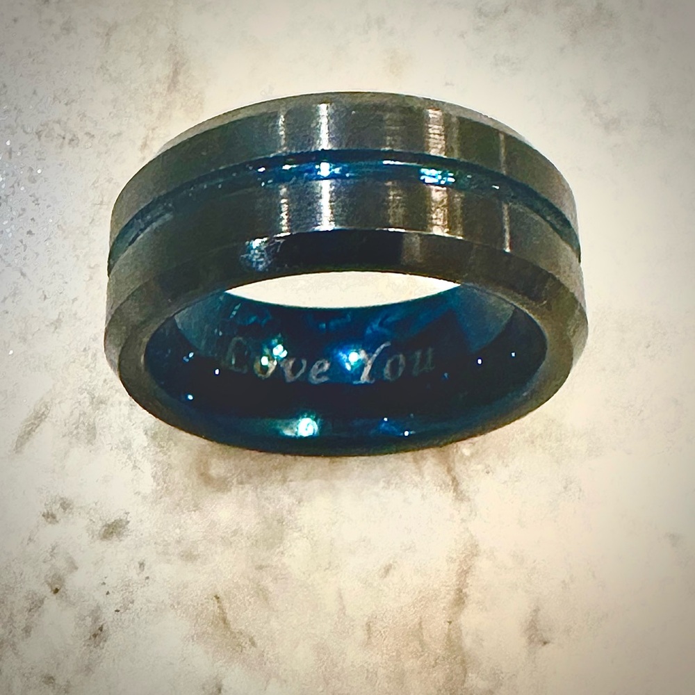 Brushed Black Tungsten Ring with Blue Channel Groove and Blue Interior